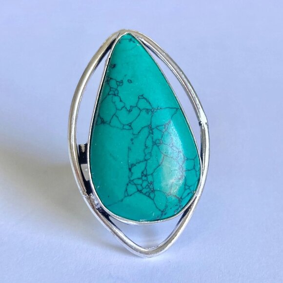 Silver Boho Faux Turquoise Cocktail Ring Size 8 Aqua Blue Stone Simulated Plated - Picture 6 of 9